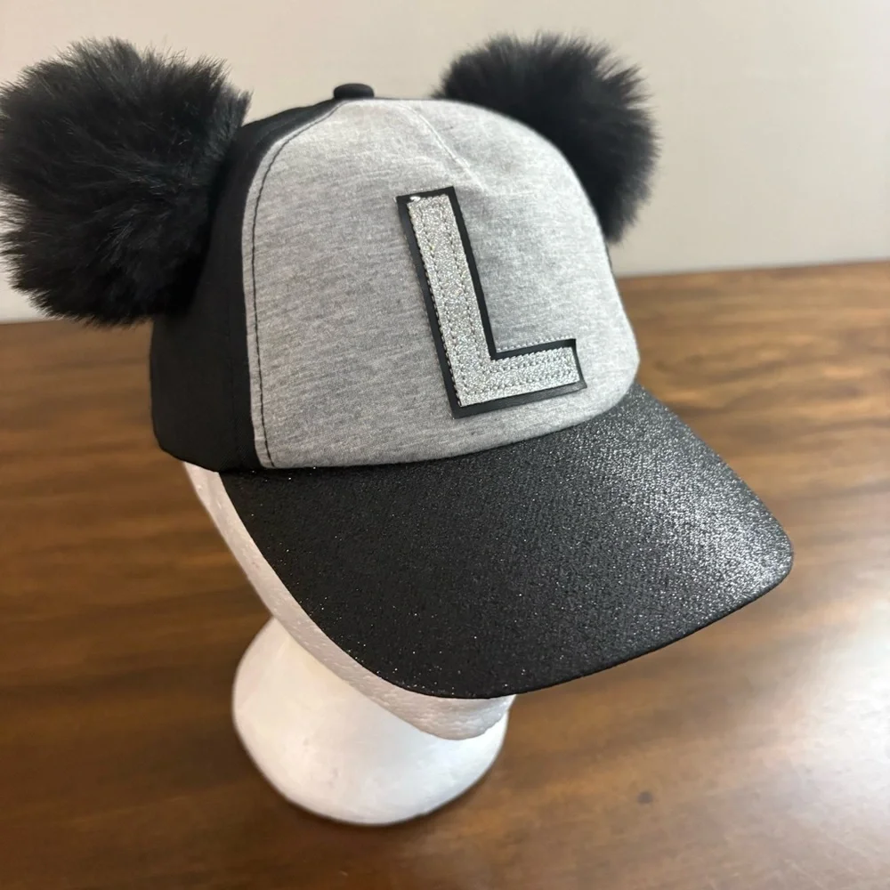 Justice Girls Black Hat Letter L with Pom Poms
